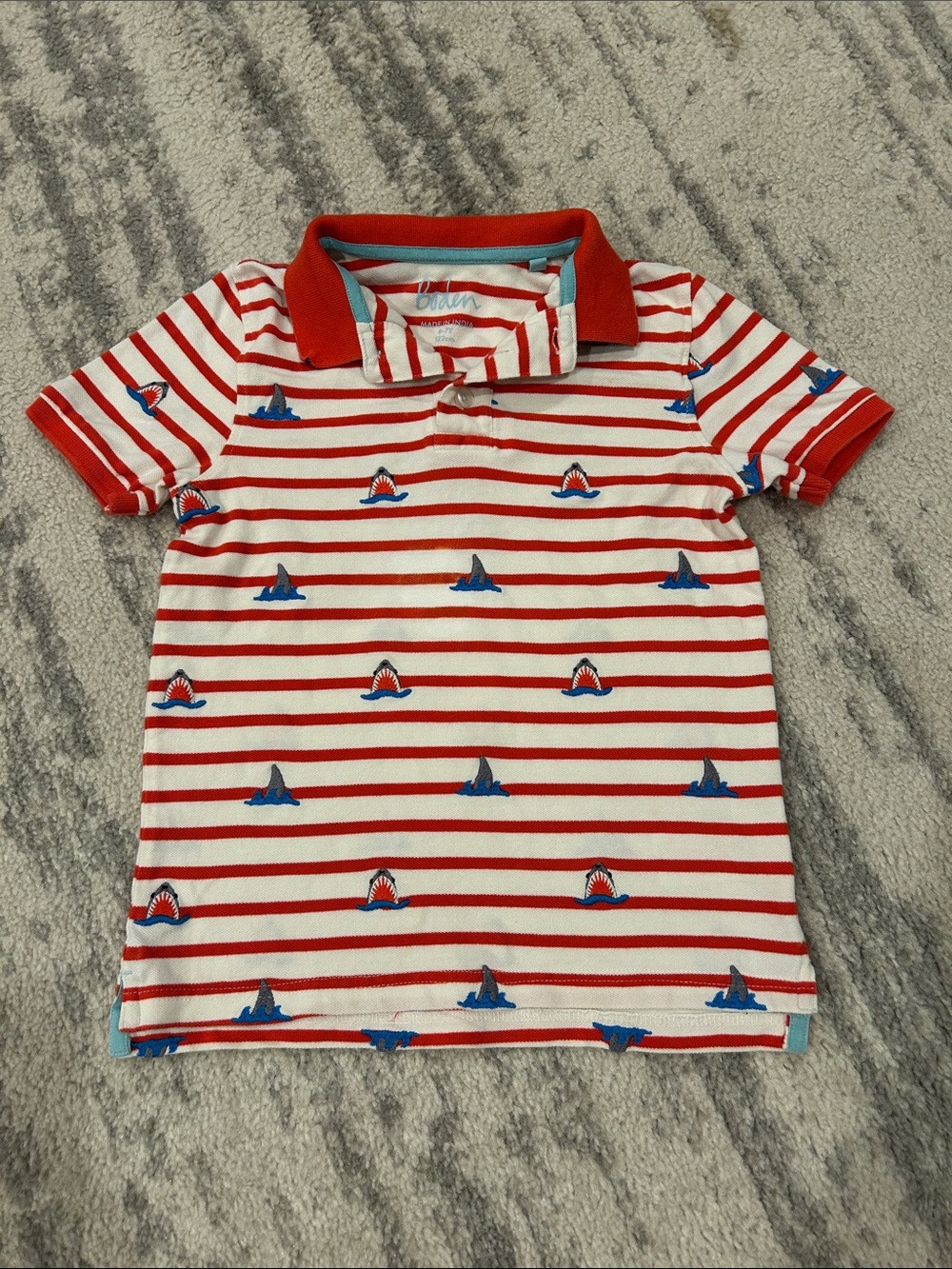 Red & White Striped Polo Shirt with Shark Print - Kids